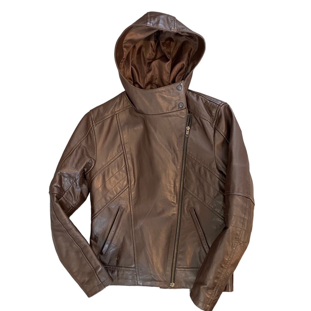 Route 21 Racing Leather Jacket Brown Small Moto Slim Hooded Asymmetric Steampunk